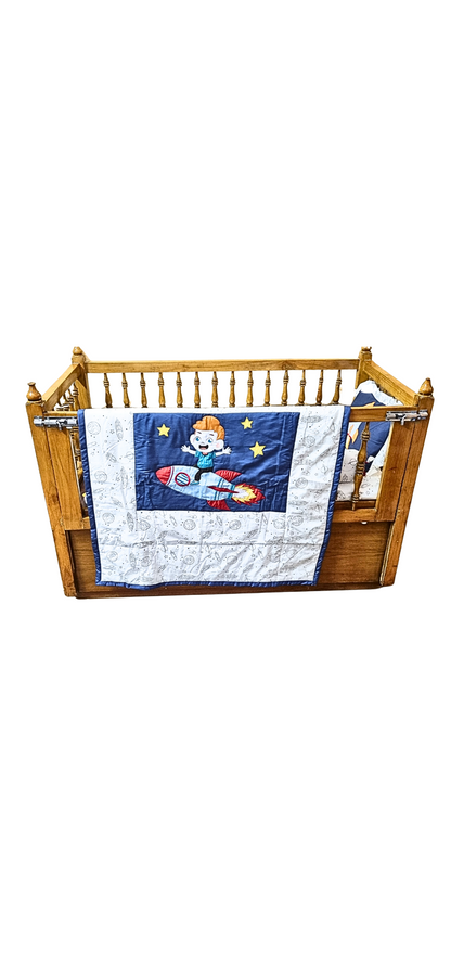 Blossoms kids bedding set of space theme .1 bedsheet (35"x45") ,1 pillow(12"x15"),2 bolster (15"x15") with case and 1 quilt embroidered ( 35"x40").