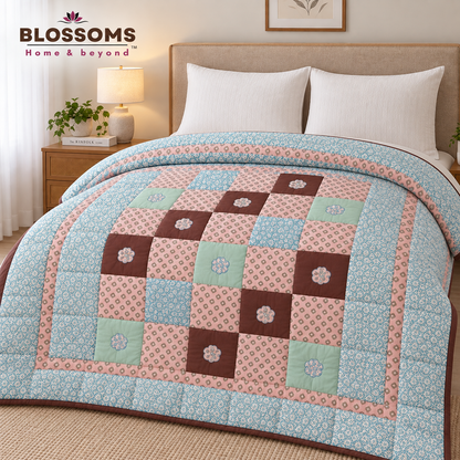 Blossoms patchwork embroidered, quilt cum bedcover