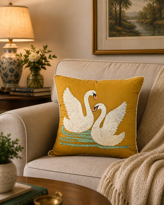 Blossoms embroidered dark beige cotton Cushion Cover | 16x16 inch cushion covers| flamingo  embroidery | pack of 1