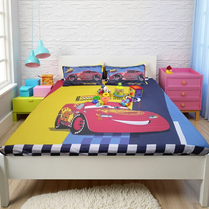 Blossoms kids Mcqueen car printed double bedsheet . Premium super soft and durable 400 TC fabric with 2 engineered pillows , 100% cotton. Very safe for kids.