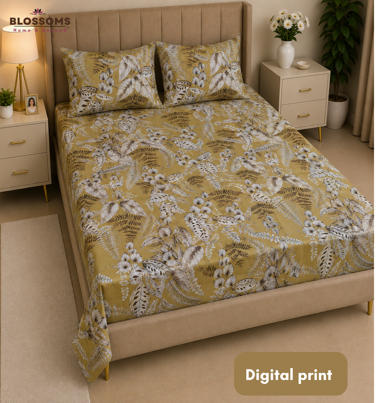 Blossoms Digital Print pure cotton bedsheet with 2 pillow cases .