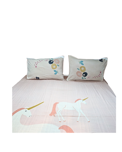 Blossoms kids Bedsheet unicorn print pure cotton | 100x100 inch |kids print | 2 pillows cases.