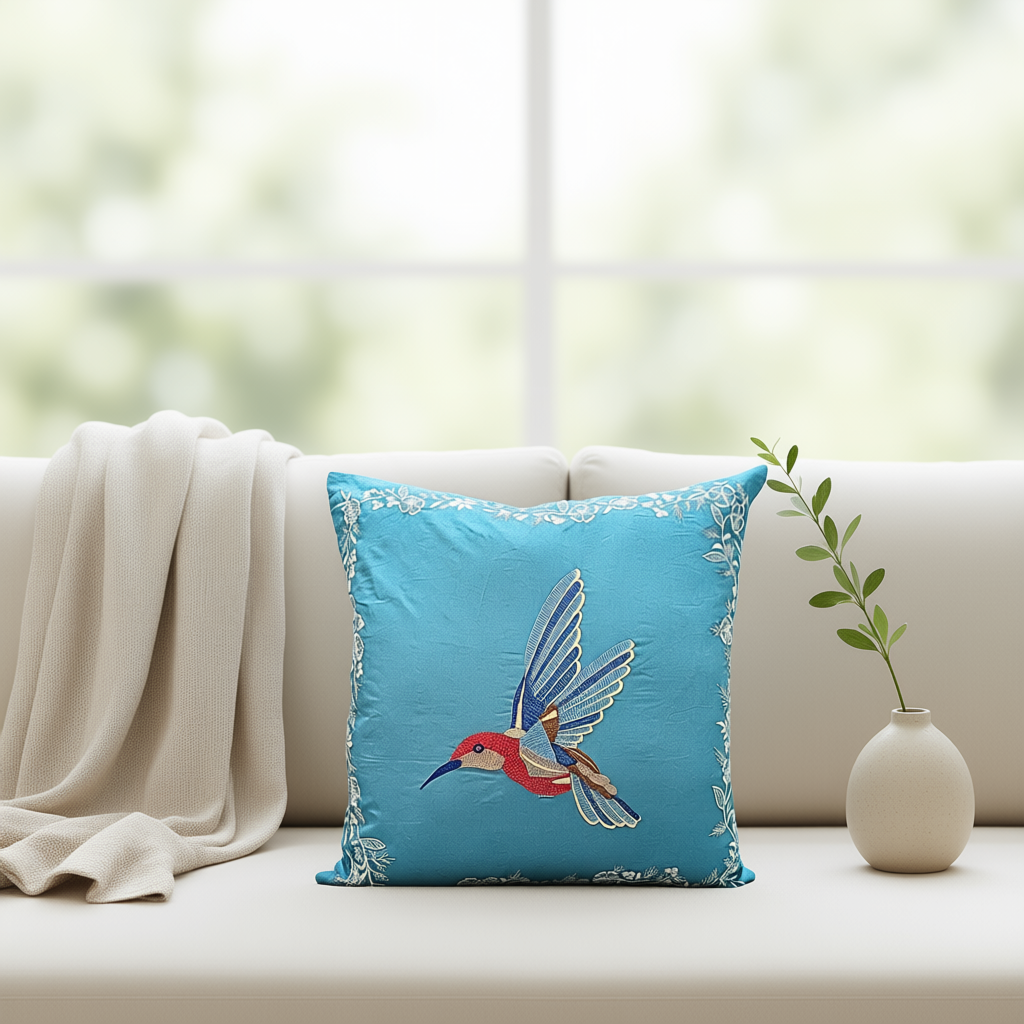 Blossoms embroidered Frozy cotton Cushion Cover | 16x16 inch cushion covers| Bird embroidery | pack of 1