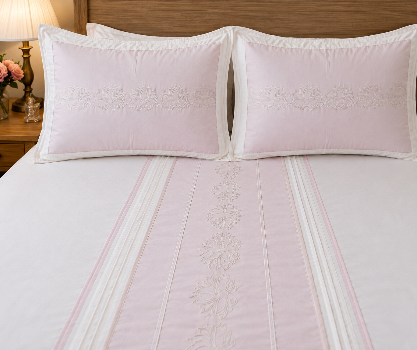 Blossoms embroidered designer bedsheet with 2 pillows (baby pink)