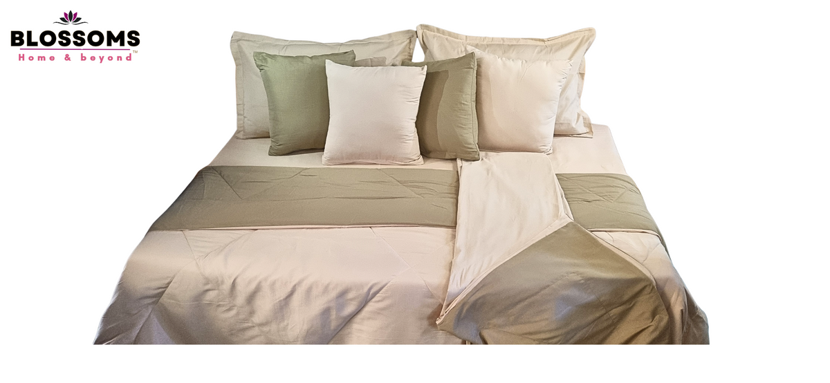 Blossoms 9 pc baby pink bedding set with soft and durable micro cotton fabric . Includes 1 comforter(reversible) ,1 dohar reversible, 1 bedsheet , 2 pillows and 4 cushion covers only .
