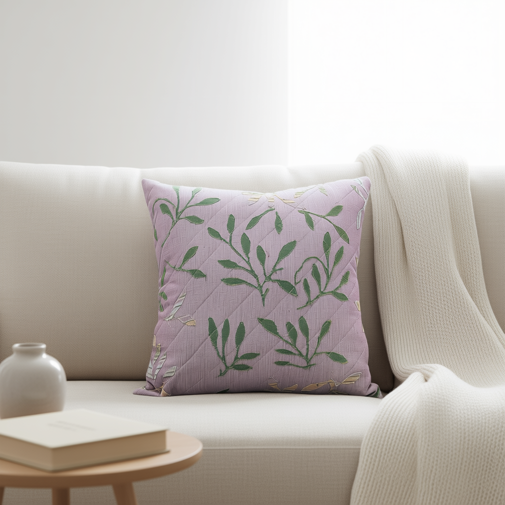 Blossoms patch work light purple cotton Cushion Cover | 16x16 inch cushion covers| leaf patchwork| pack of 1