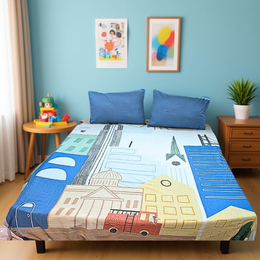 Blossoms kids Bedsheet pure cotton | 108*108 inch |modern city kids print | 2 pillows cases.