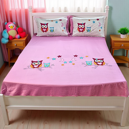 Blossoms kids pink pure cotton bedsheet with owl cartoon character embroided patch work with 2 pillows . Set of 3