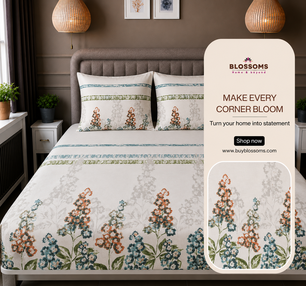 Blossoms Digital Print pure cotton bedsheet with 2 pillow cases .