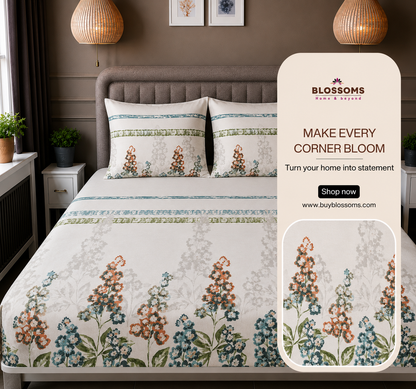 Blossoms Digital Print pure cotton bedsheet with 2 pillow cases .