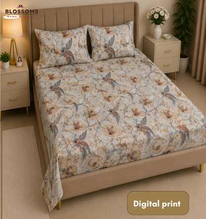 Blossoms digital print pure cotton bedsheet with 2 pillow cases .