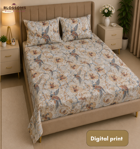 Blossoms digital print pure cotton bedsheet with 2 pillow cases .