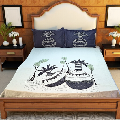 Blossoms pure cotton embroided patchwork bedsheet with kalash embroidery with 2 embroided pillow covers.