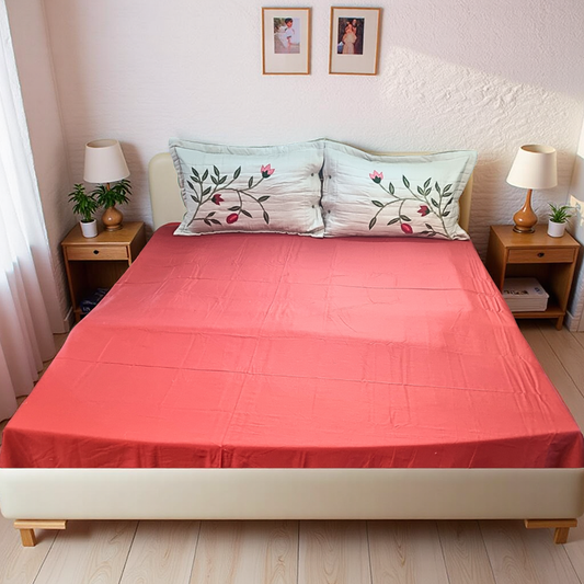 Blossoms peach bedsheet with 2 quilted embroided pillowcovers. Pure cotton , big size bedsheet.