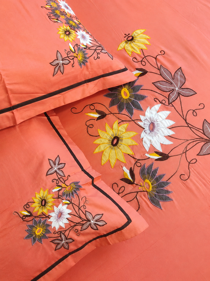 Blossoms designer embroidered patchwork bedsheet. 100*100 inch .