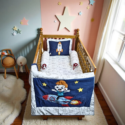 Blossoms kids bedding set of space theme .1 bedsheet (35"x45") ,1 pillow(12"x15"),2 bolster (15"x15") with case and 1 quilt embroidered ( 35"x40").