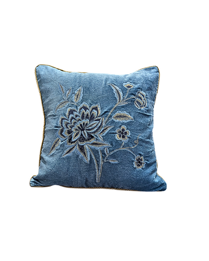 Blossoms blue colour velvet Cushion covers| 16x16 inch | super premium embroidery | pack of 1