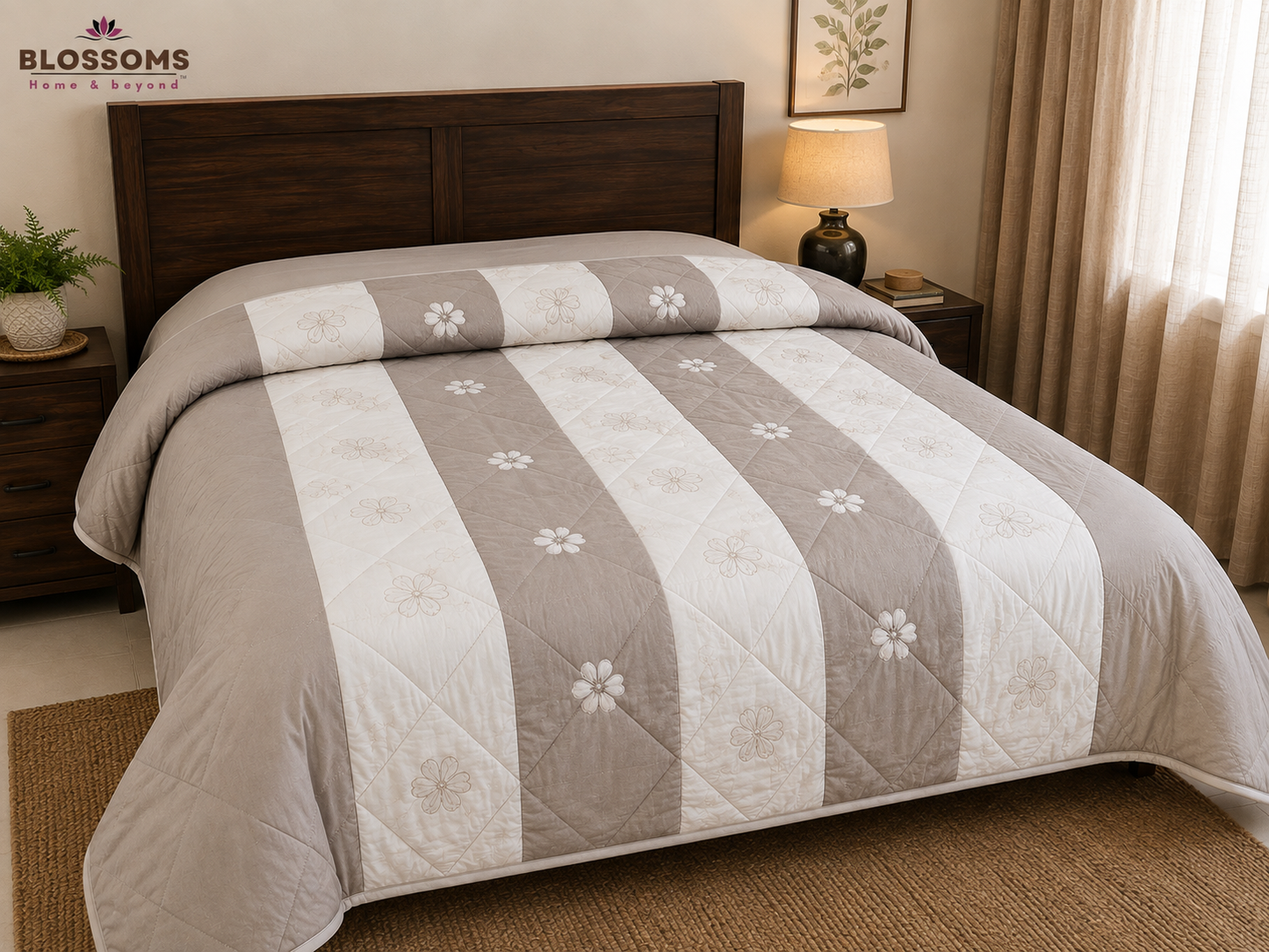 Blossoms Block embroidery quilt cum bedcover
