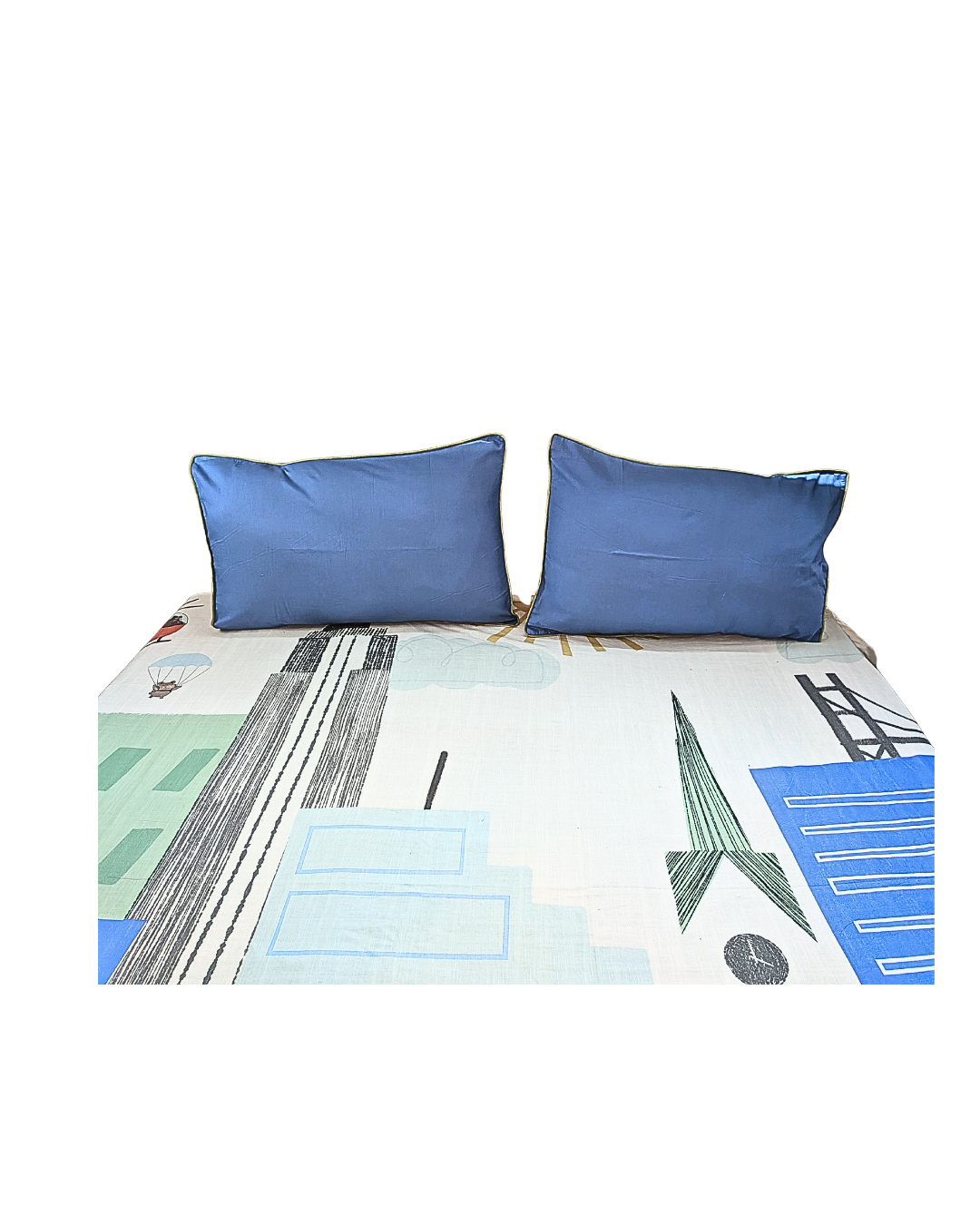 Blossoms kids Bedsheet pure cotton | 108*108 inch |modern city kids print | 2 pillows cases.