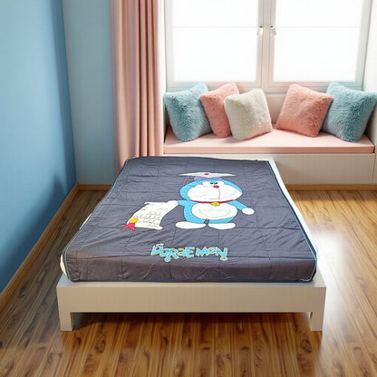 Blossoms kids grey pure cotton quited comforter(quilt) with Doraemon cartoon character embroidered patch work.