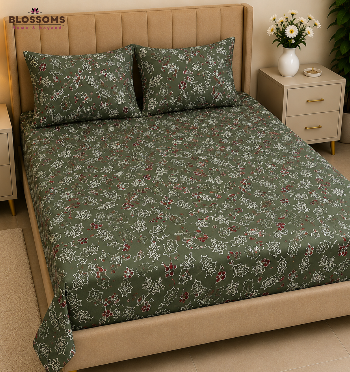 Blossoms Printed pure cotton bedsheet with 2 pillow cases .