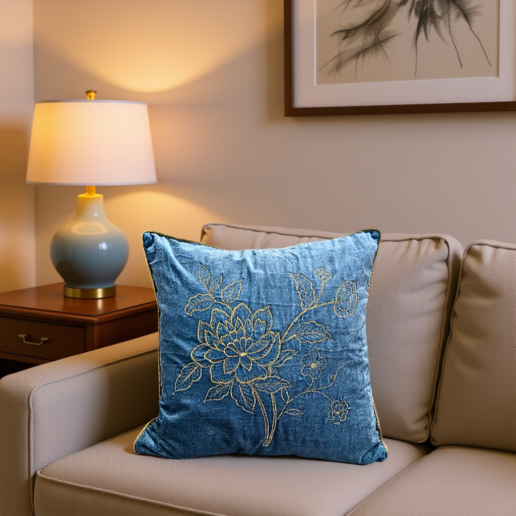 Blossoms blue colour velvet Cushion covers| 16x16 inch | super premium embroidery | pack of 1