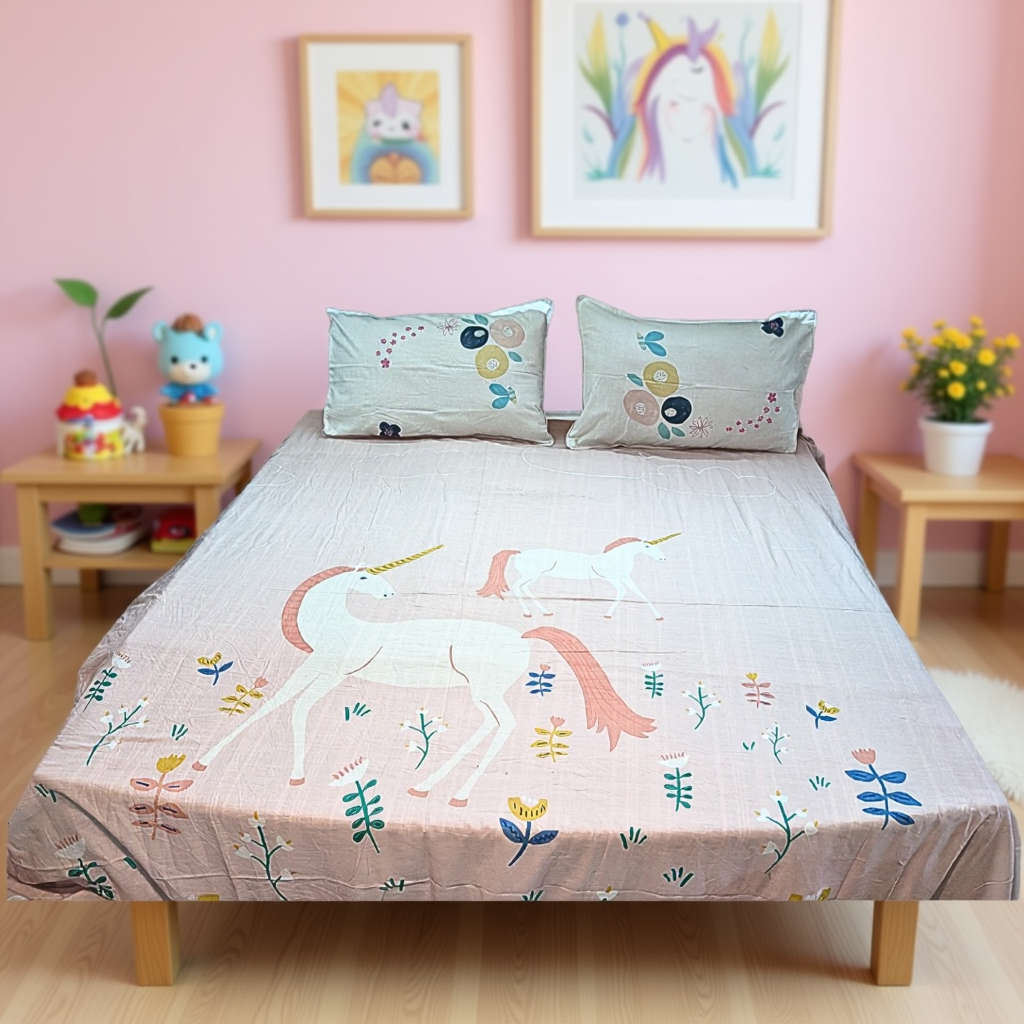 Blossoms kids Bedsheet unicorn print pure cotton | 100x100 inch |kids print | 2 pillows cases.