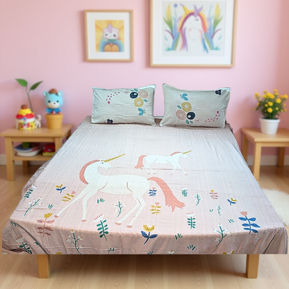 Blossoms kids Bedsheet unicorn print pure cotton | 100x100 inch |kids print | 2 pillows cases.