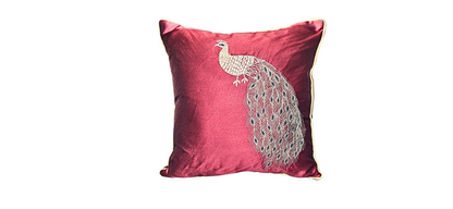 Blossoms Designer zari peacock embroidered cushion cover with silk mehroon fabric . 16x16 inch set of 1 pc .