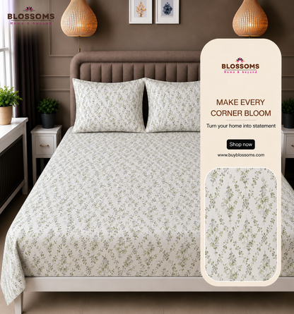Blossoms Printed pure cotton bedsheet with 2 pillow cases .