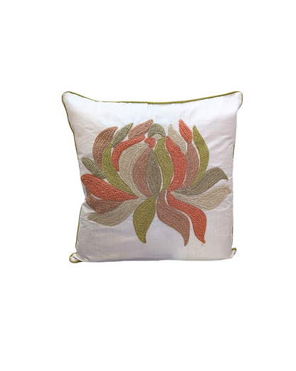 Blossoms embroidered White cotton Cushion Cover | 16x16 inch cushion covers| floral plutch embroidery | pack of 1