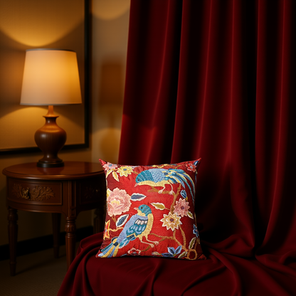 Blossoms embroidered cotton mehroon Cushion Cover | 16inch round cushion covers with filler | floral & bird embroidered | pack of 1