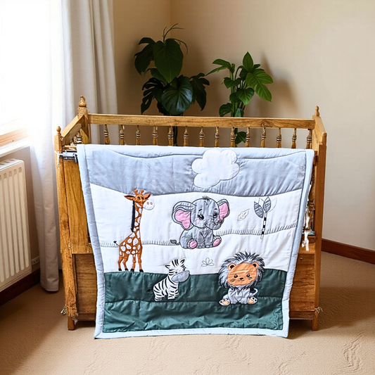 Blossoms kids jungle theme embroided patchwork pure cotton fabric quilt (35x40 inch ) age upto 4 years.