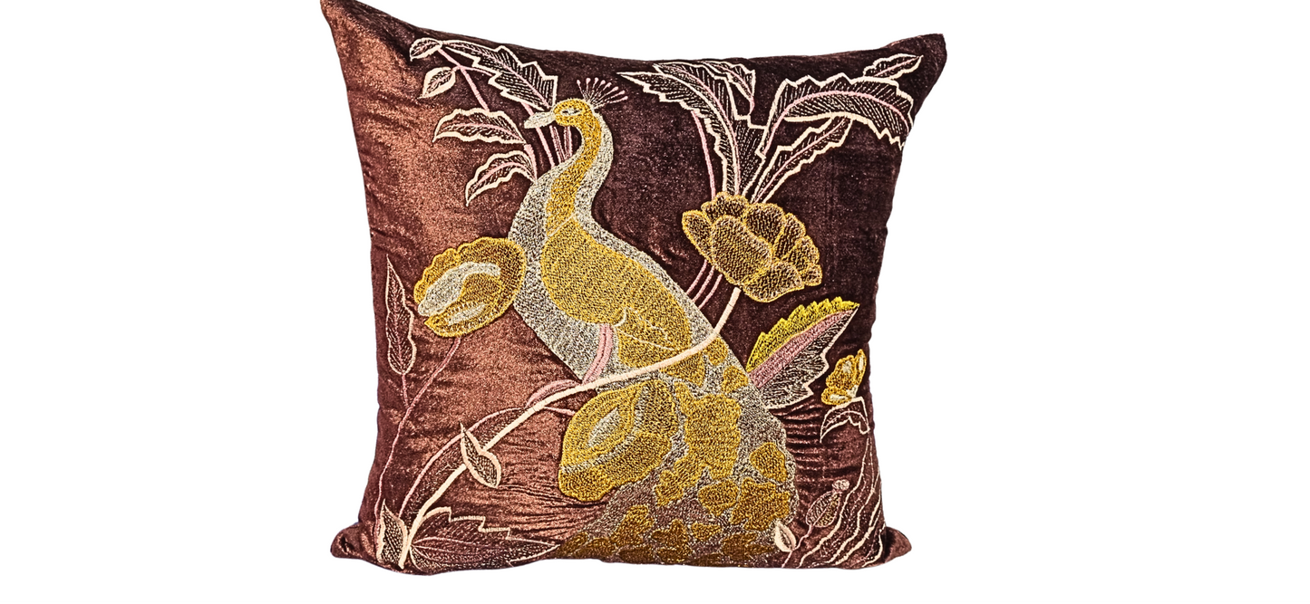 Blossoms champaign colour velvet Cushion covers| 16x16 inch | super premium embroidery | pack of 1