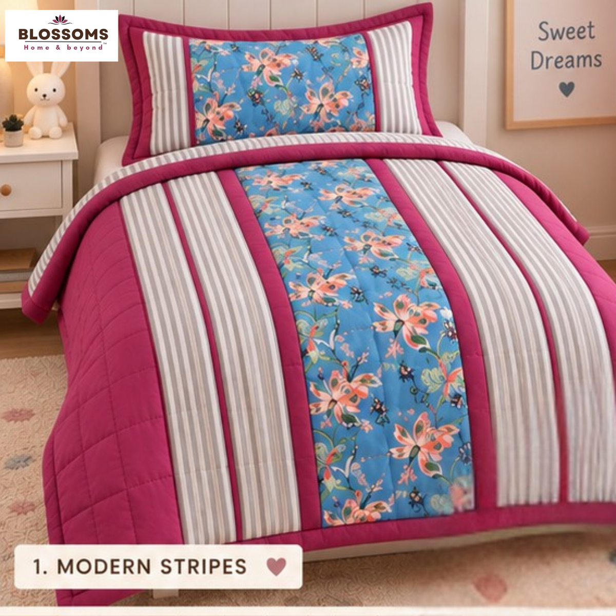 Blossoms Premium patchwork quilt cum bedcover with 2 pillow covers .