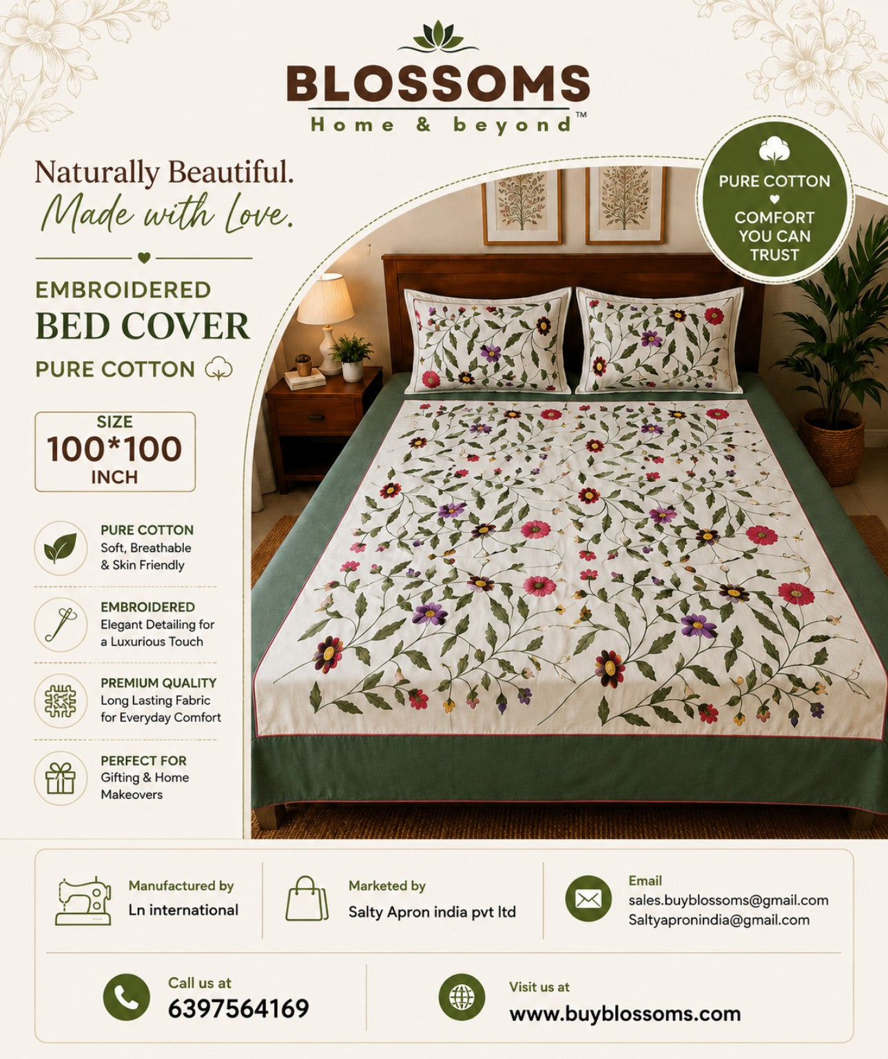 Blossoms designer embroidered bedsheet . 100*100 inch .