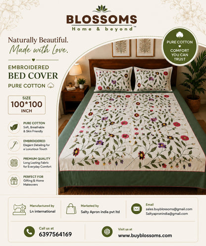 Blossoms designer embroidered bedsheet . 100*100 inch .