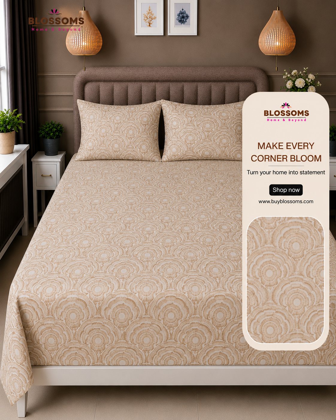 Blossoms Printed pure cotton bedsheet with 2 pillow cases .