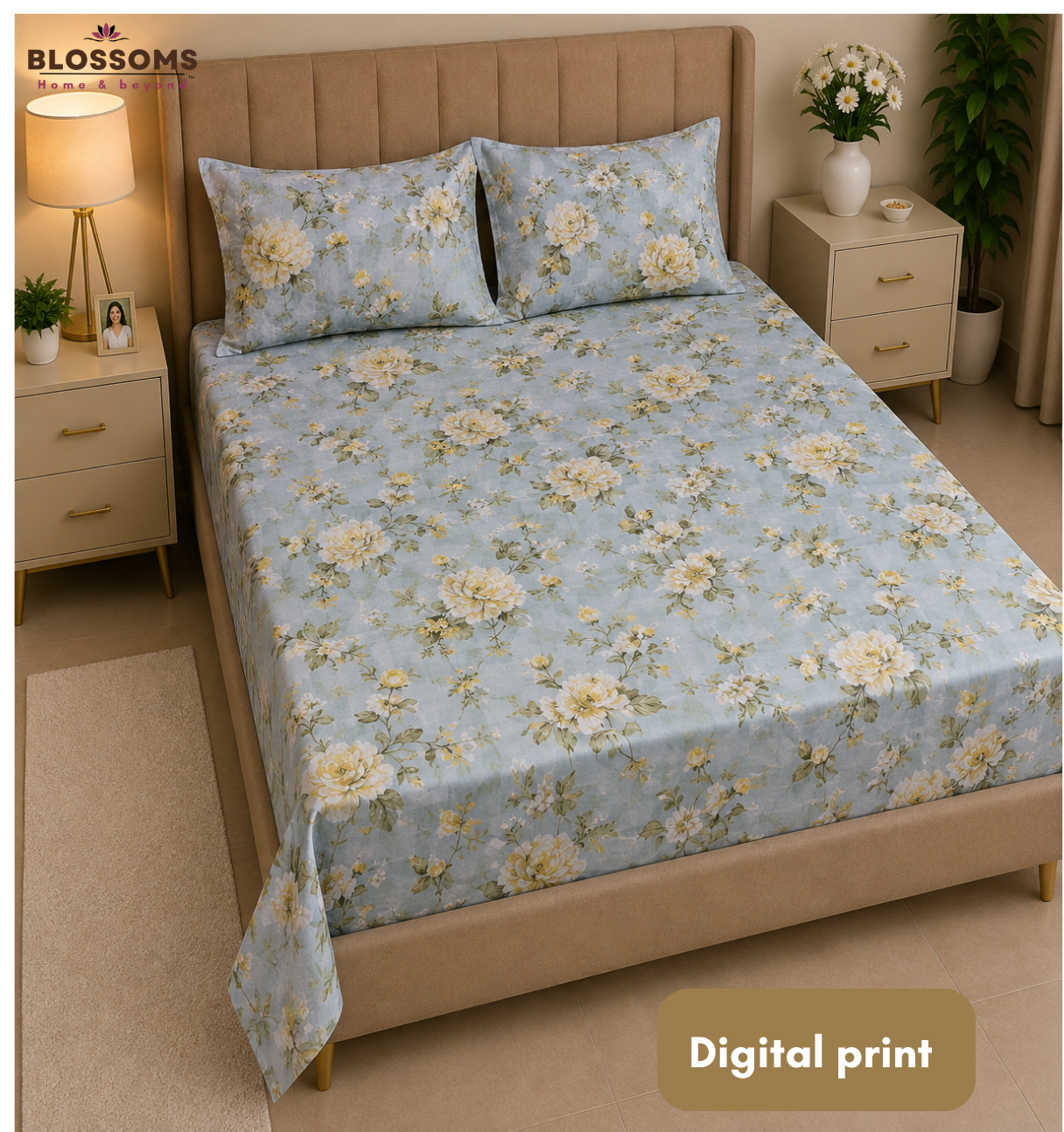 Blossoms Digital Print pure cotton bedsheet with 2 pillow cases .