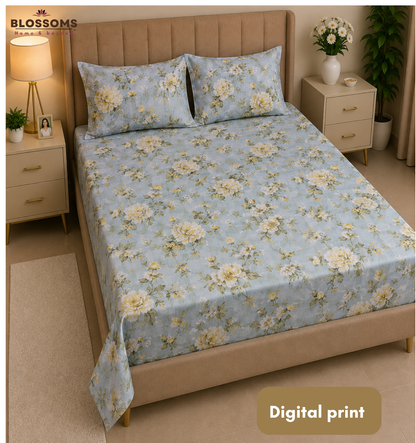 Blossoms Digital Print pure cotton bedsheet with 2 pillow cases .