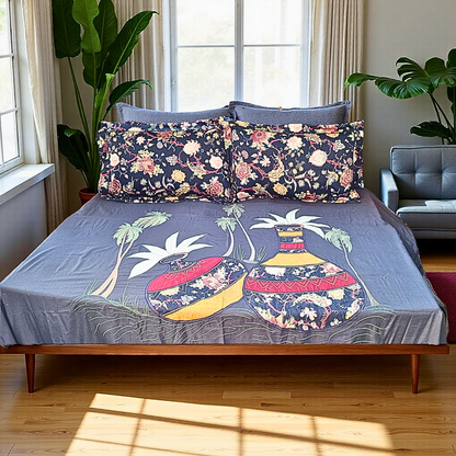 Blossoms Embroidered patch work kalash design on grey bedsheet with highly detailed design and 2 printed pillow covers . Pure cotton fabric.