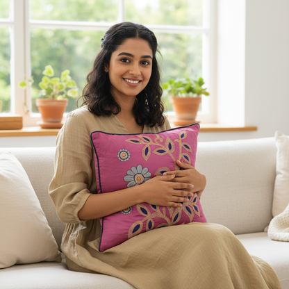 Blossoms magenta colour cotton fabric Cushion covers| 16x16 inch | super premium embroidery | pack of 1