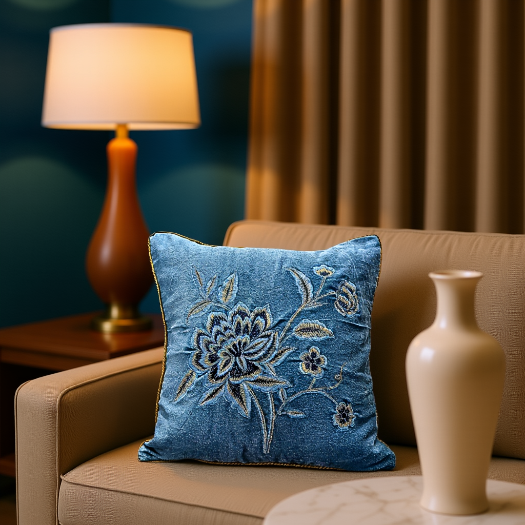Blossoms blue colour velvet Cushion covers| 16x16 inch | super premium embroidery | pack of 1