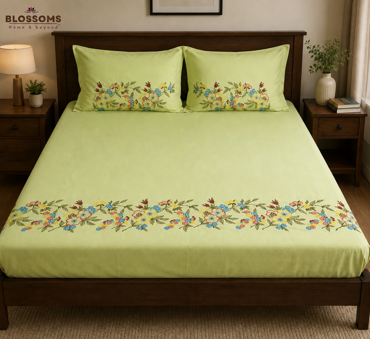 Blossoms embroidered bedsheet with embroided pillow covers.              |2 pillow cases| |pure cotton | | big sizes|.