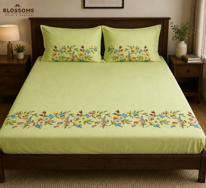 Blossoms embroidered bedsheet with embroided pillow covers.              |2 pillow cases| |pure cotton | | big sizes|.