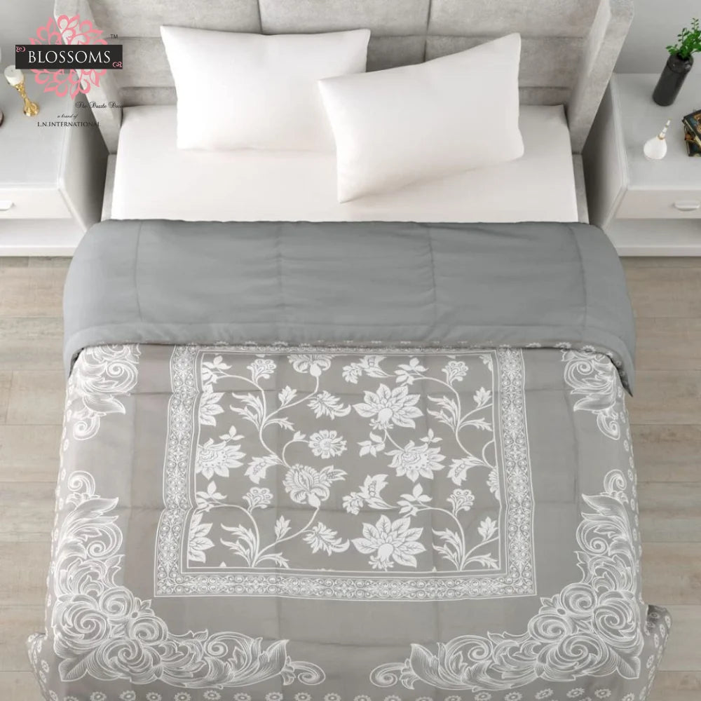 Floral print Microfiber All Weather Reversible Comforter, Grey-Colour, Floral Pattern,Double Size 100 GSM